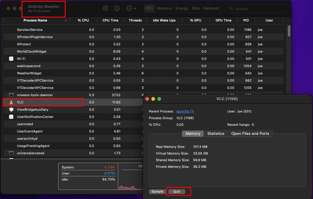 Quit unnecessary apps to free up resources on Activity Monitor