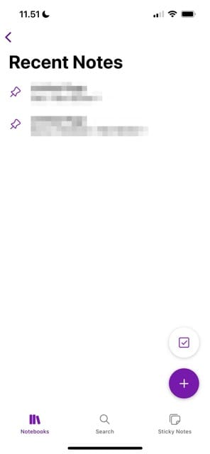 The Recent Notes tab in the OneNote app for mobile