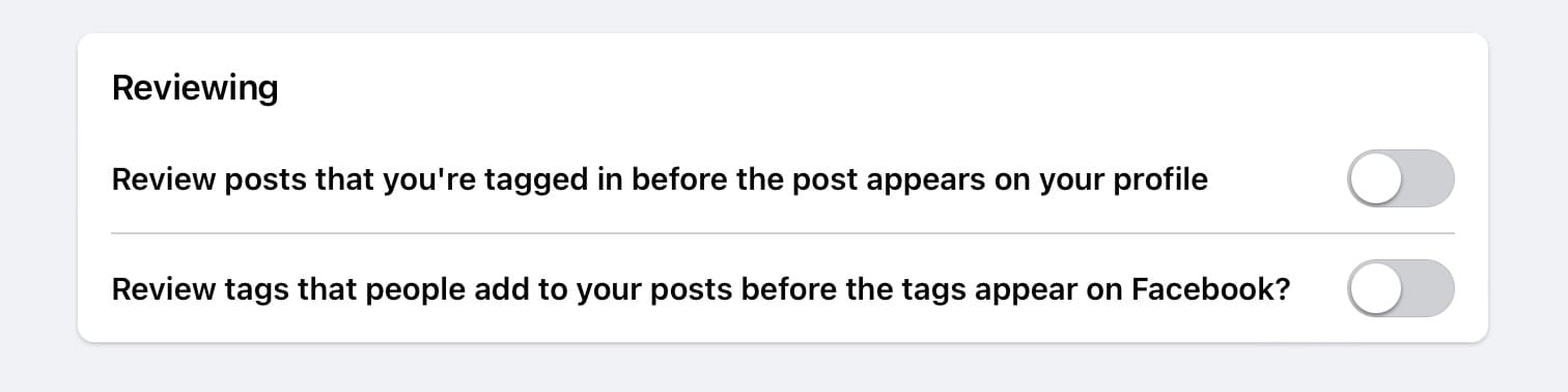 Review Facebook Tagging Toggle Options