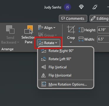 Rotate image option in Microsoft Word
