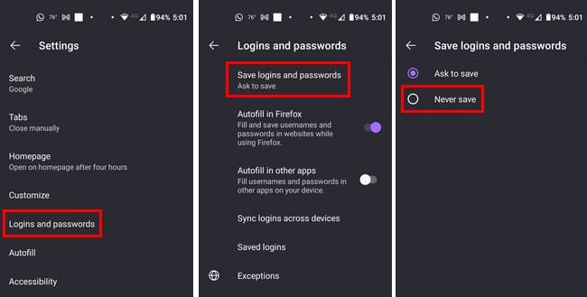 Save logins and passwords option Firefox on Android