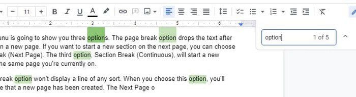 Google Docs search options