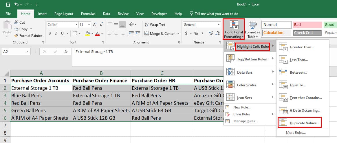 Select Duplicate Values on Highlight Cells Rules option