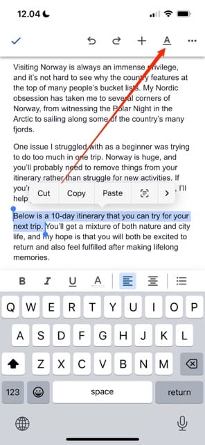 Highlighted text in Google Docs, now ready to choose the A icon