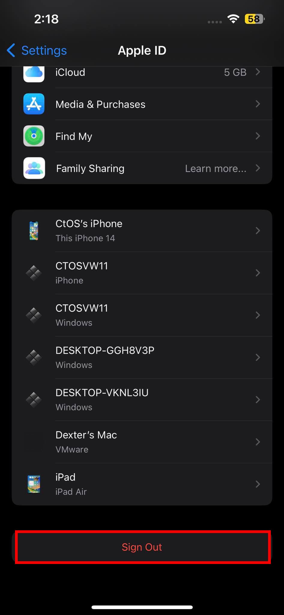 Sign Out of your Apple ID from Settings