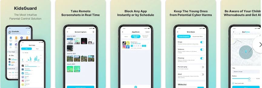 Smartphone screenshots of KidsGuard - Parental Control
