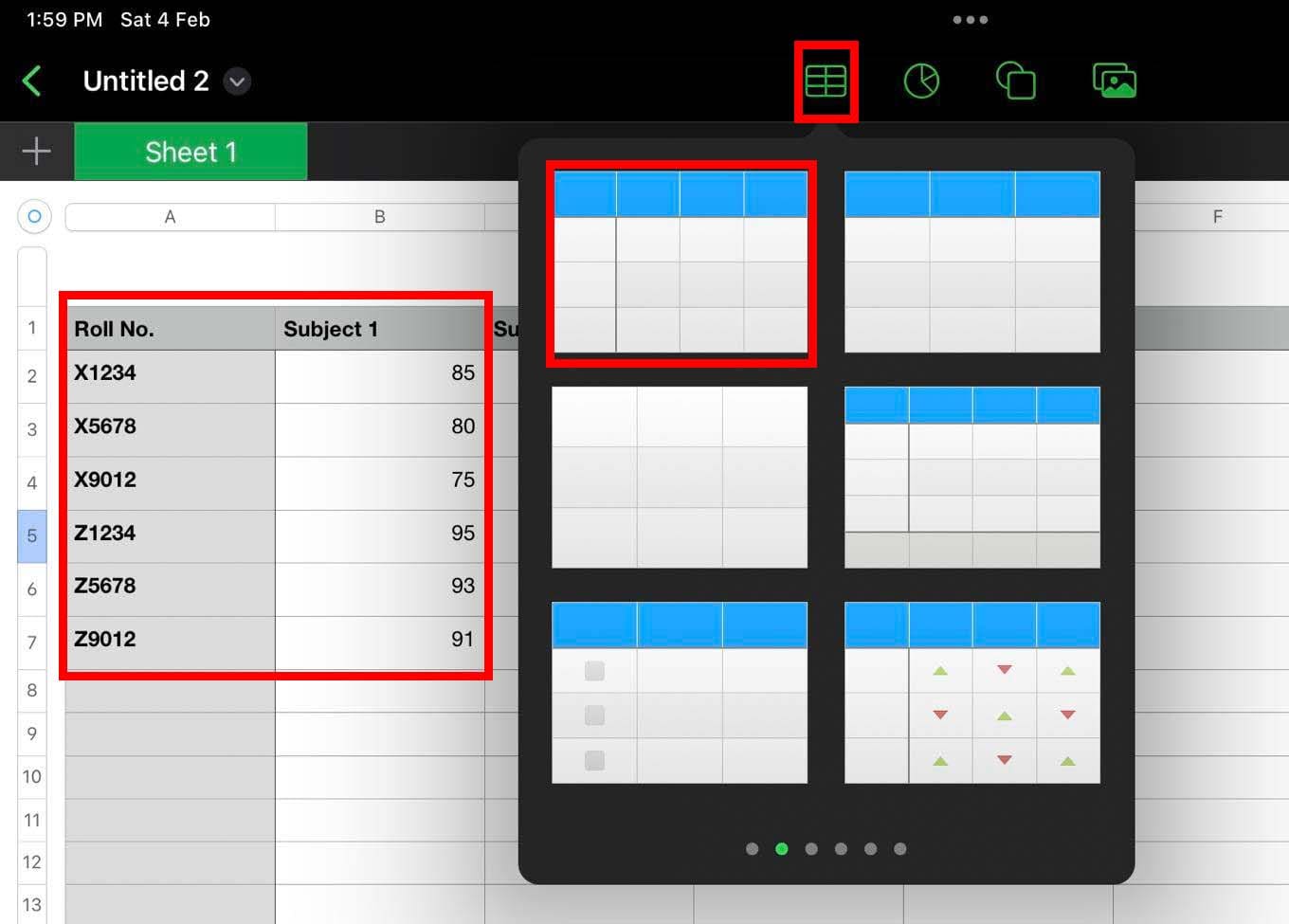Table menu on Numbers iPad