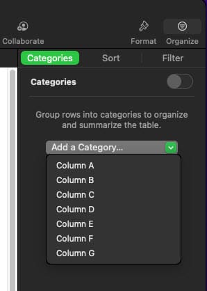 The Categories menu on Numbers
