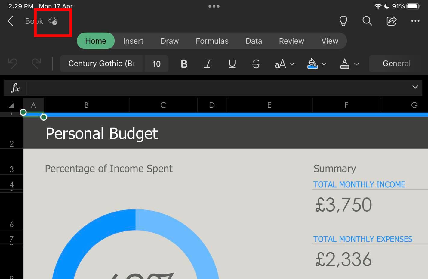 The cloud saved confirmation on an Excel worksheet
