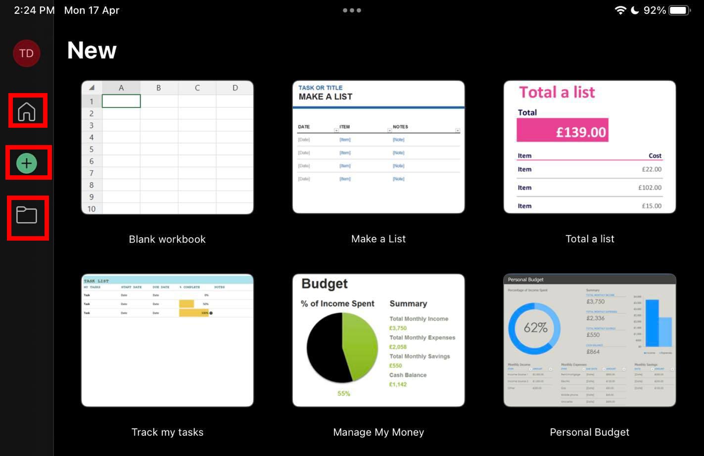 The Excel Home button where you can create new worksheets on iPad