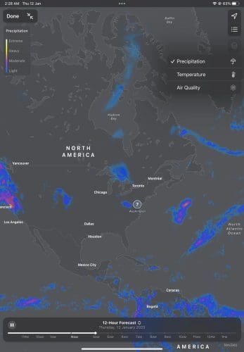 The full-screen weather map of Apple Weather on iPad