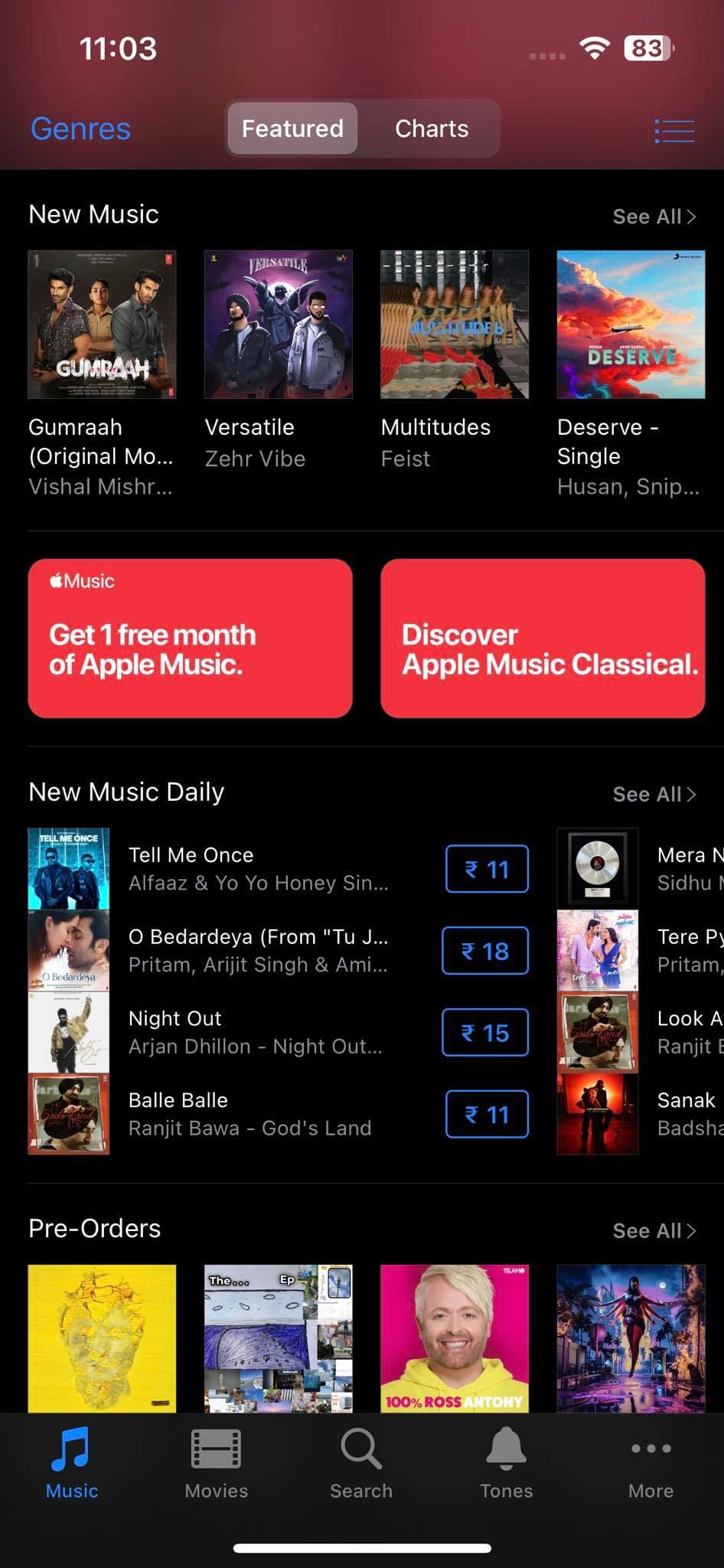The Home page of iTunes Store app on iPhone