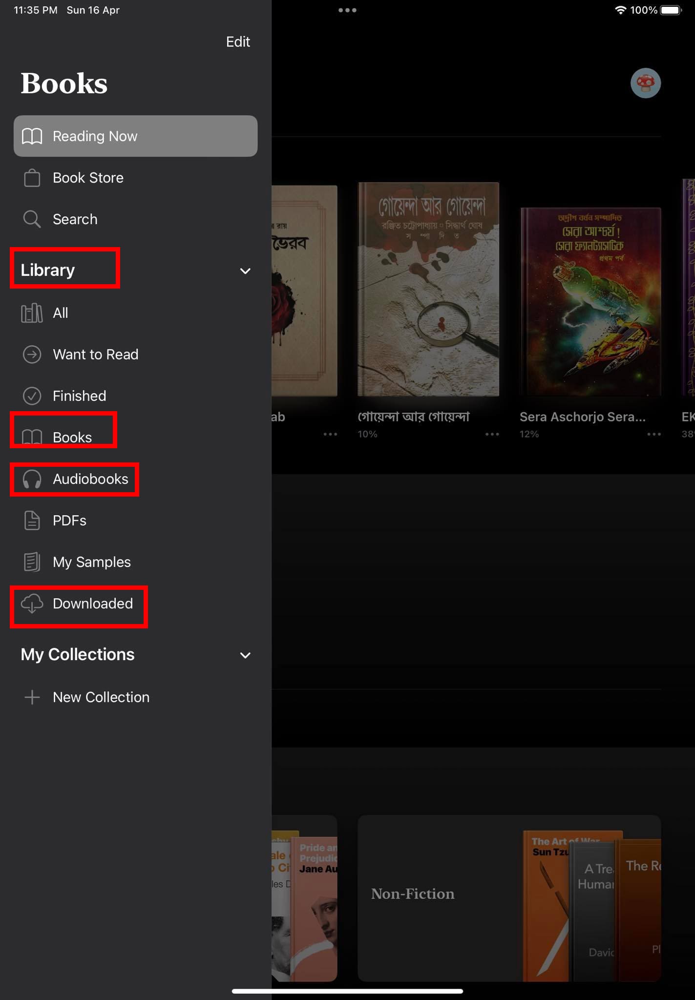 The left-side navigation pane of Apple Books showing expanded Library