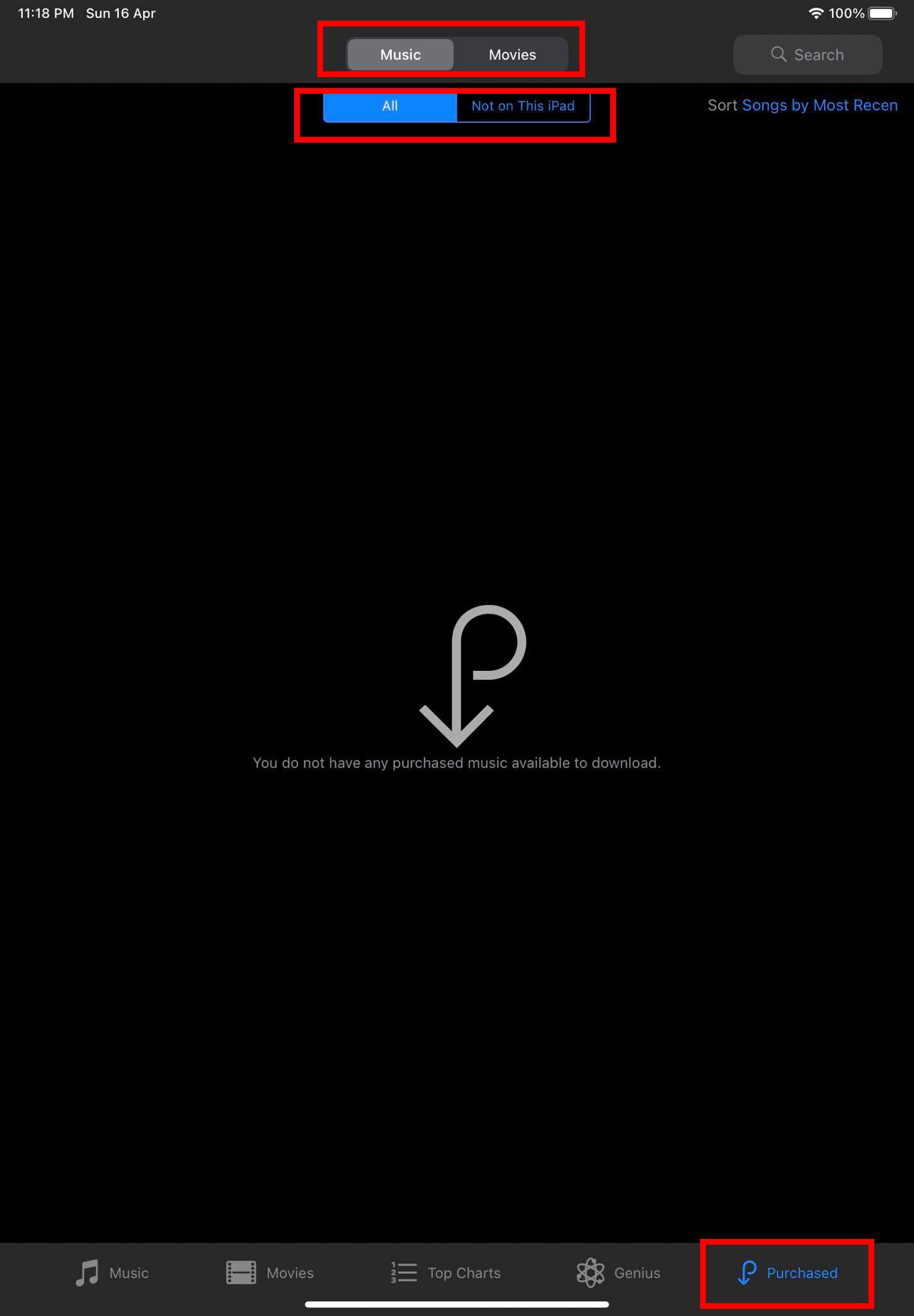 The location of Purchased content on iTunes Store on an iPad
