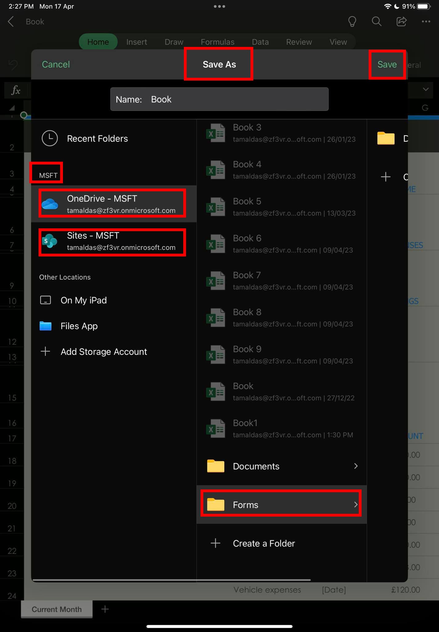 The Save as screen on Excel iPad app