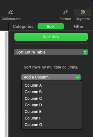 The Sort and Filter menu of Numbers