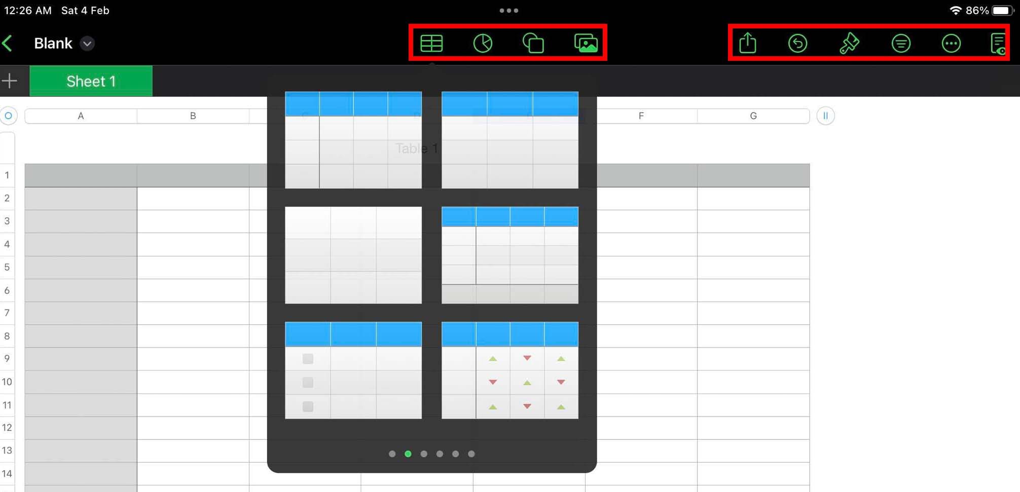 The UI of Numbers iPad