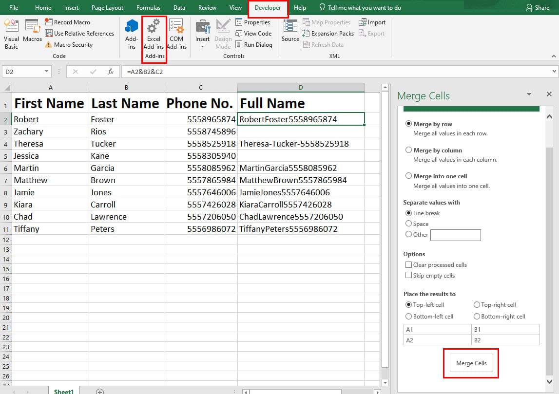 The user interface of Merge Cells Excel Add-Ins