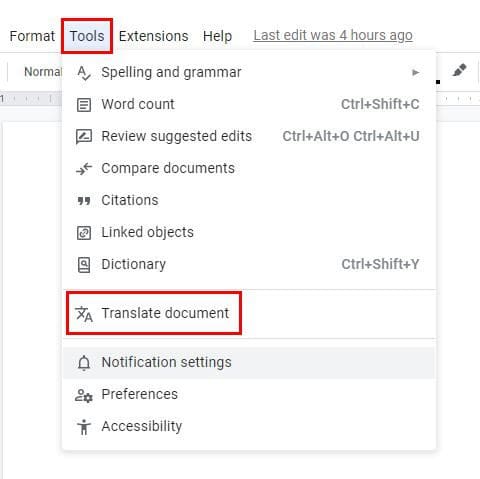 Translate option Google Docs