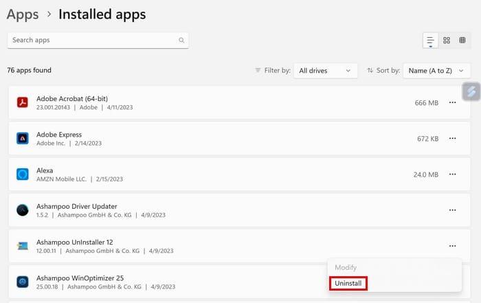 Uninstall apps on Windows 11