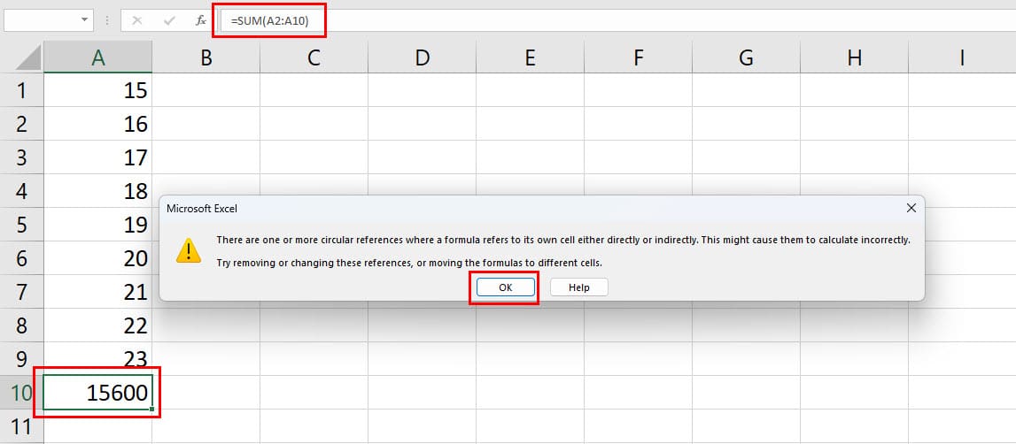 Unintended circular reference in Excel
