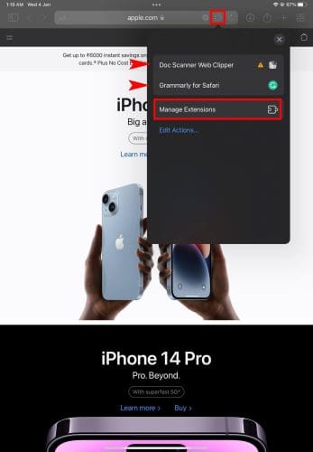 Using existing Safari extensions or activating new ones