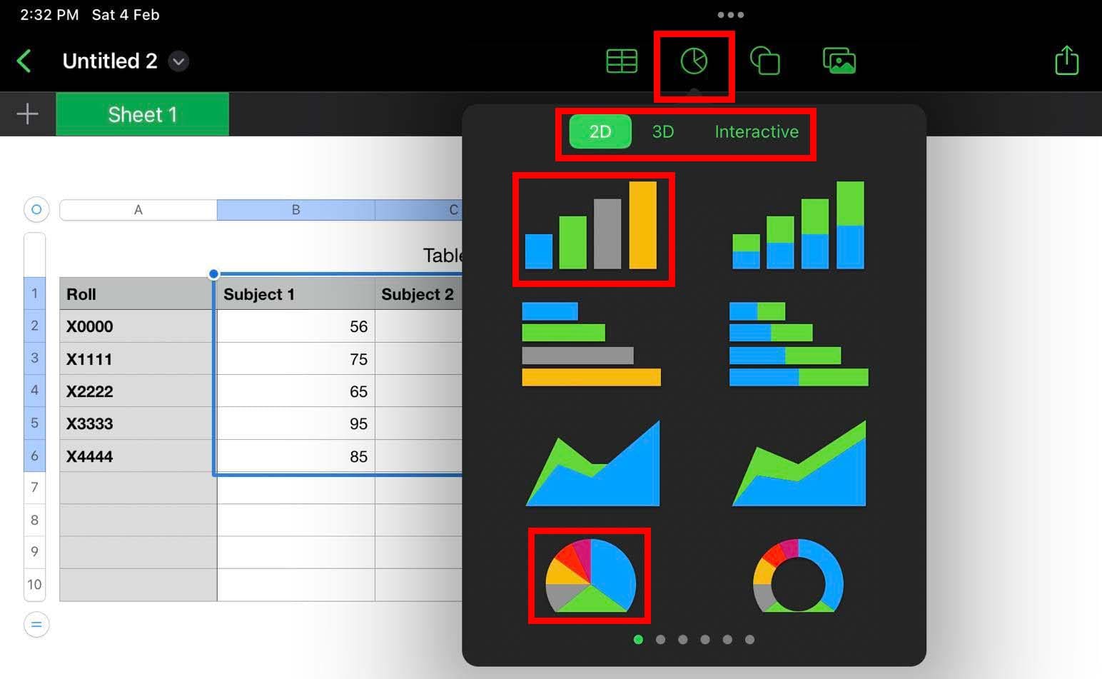 Various charts on Numbers iPad