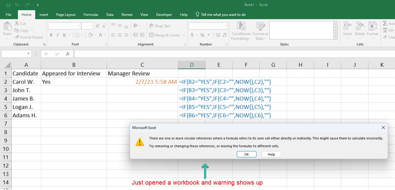 When Do You See the Circular Reference Error in Excel