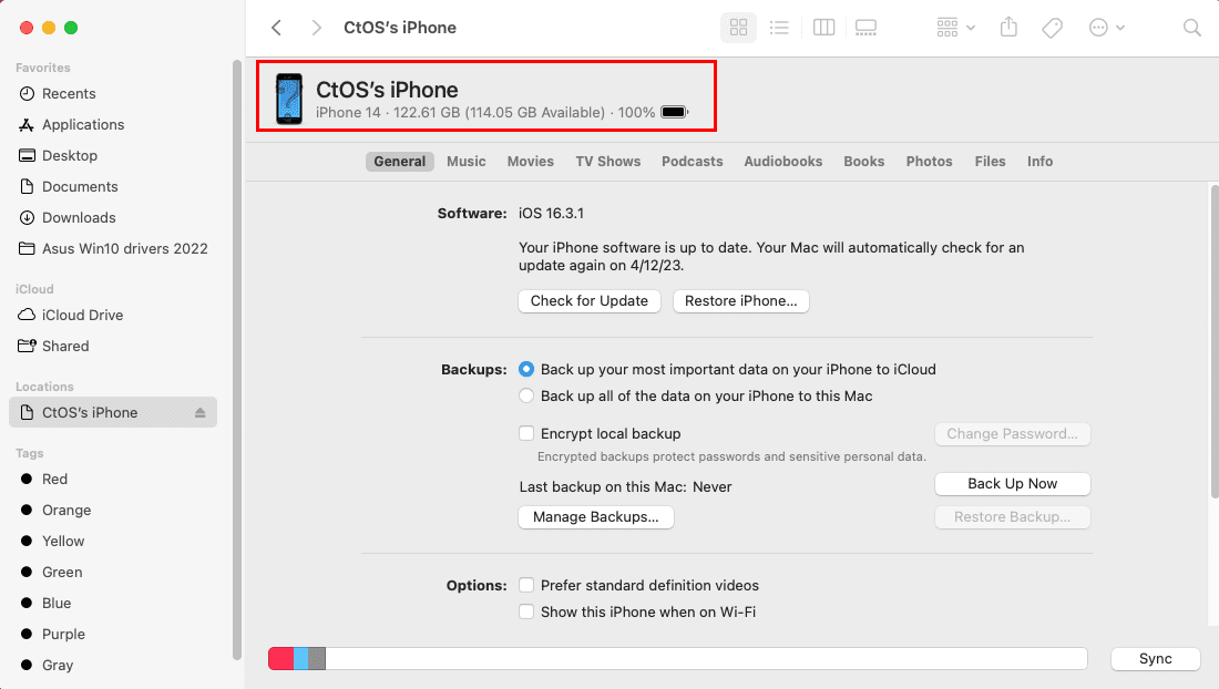 A synced iPhone on Mac Finder app