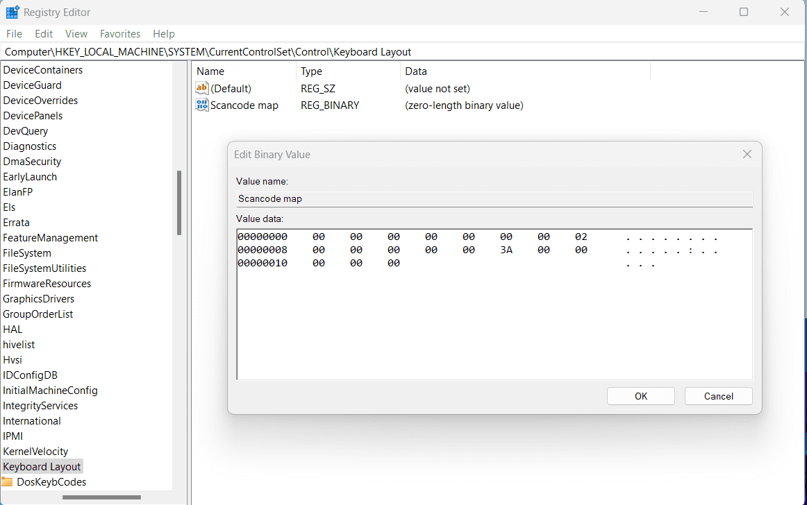 Add hexadecimal code as the binary value to turn off Caps Lock