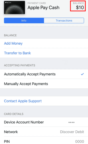 Balance showing up on Apple Pay Cash card