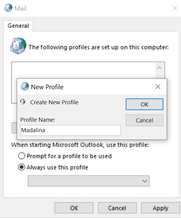 create new profile outlook