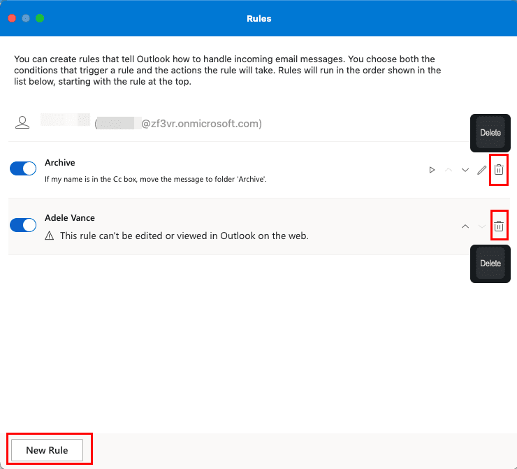 Delete and create Outlook rules on macOS