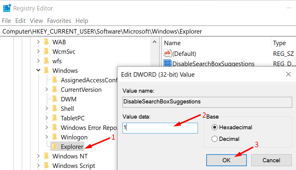disable search box suggestions windows 10