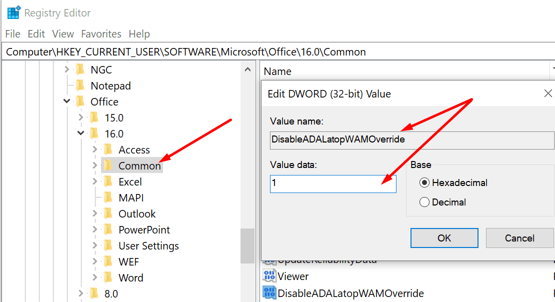 DisableADALatopWAMOverride windows registry