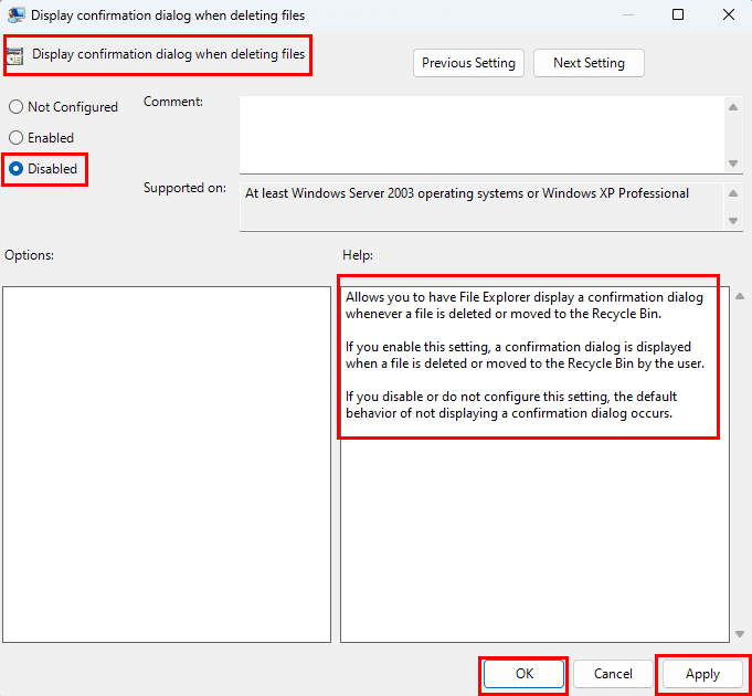 Disabling move to Recycle bin dialog box from Group Policy editor