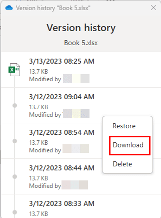 Downloading a selected version history