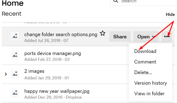 dropbox download option