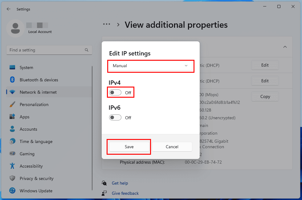Editing IP settings manually and activating IPv4 settings