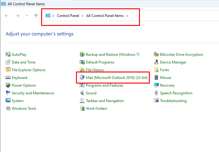 Find Mail option in Control Panel
