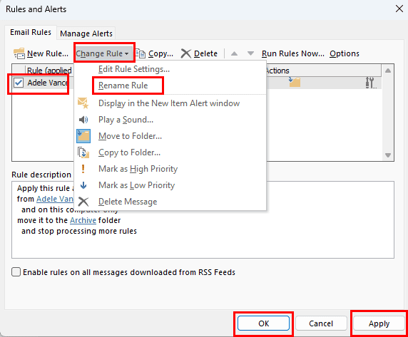 Fix Outlook rules are not supported for this account by renaming Rules