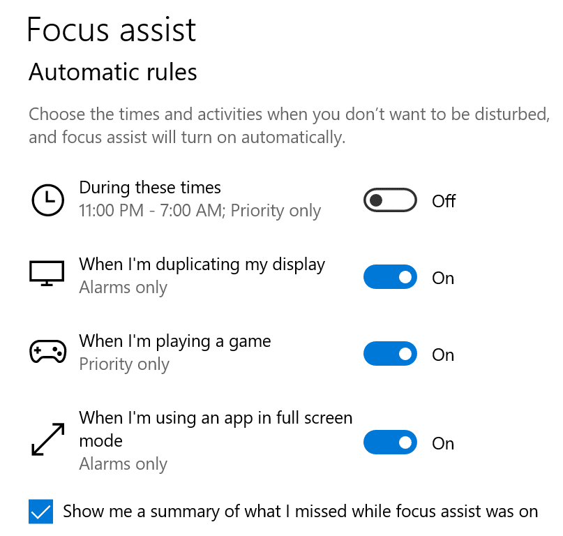 focus assist automatic rules