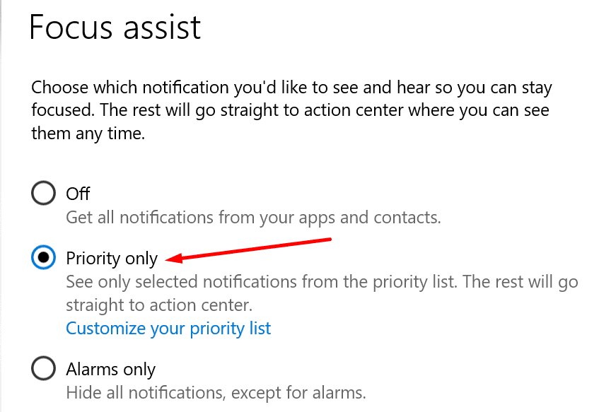focus assist priority only settings