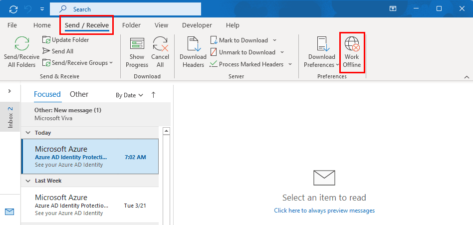 How to resolve Outlook Disconnected from Server by disabling Work Offline feature