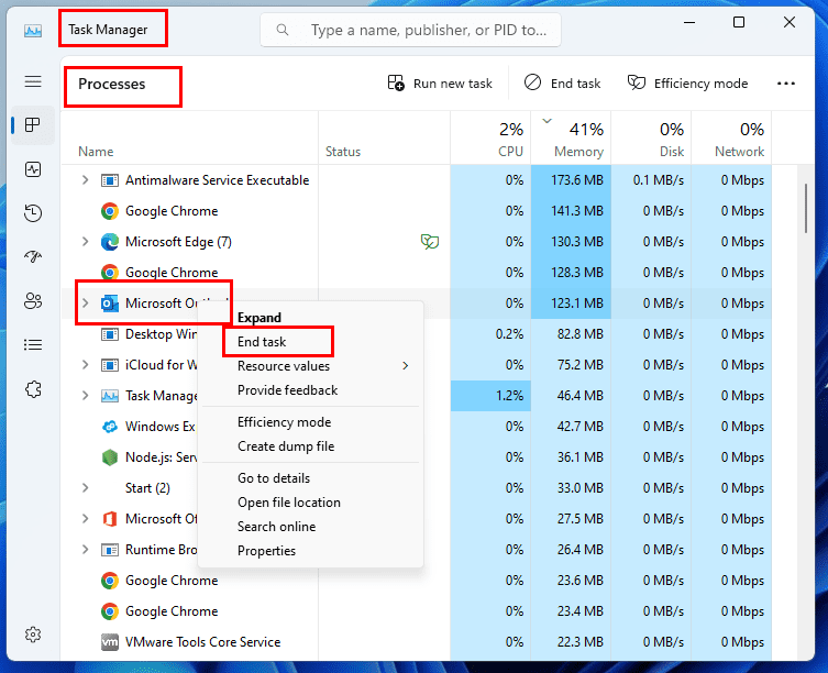 How to restart Outlook using Task Manager