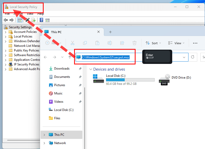 How to use address bar to open security policy