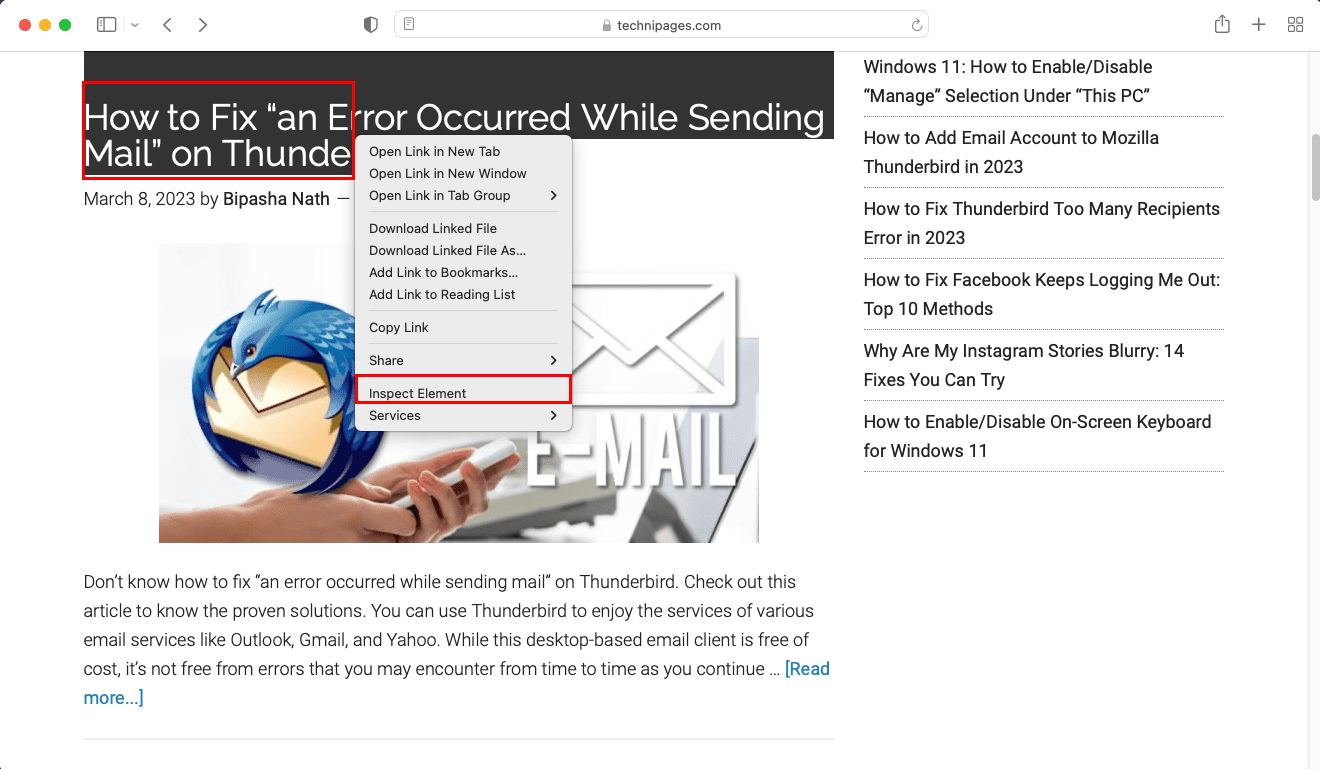 Inspect element on Safari for Mac