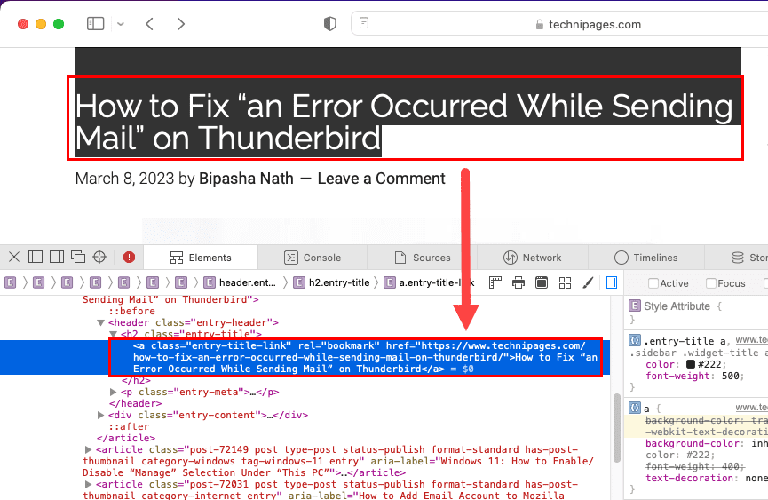 Inspecting specific element on Safari