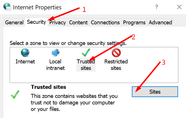 internet properties trusted sites