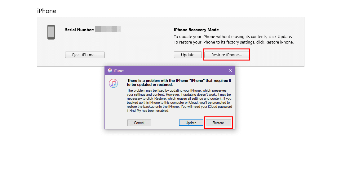 iTunes showing iPhone on the recovery mode